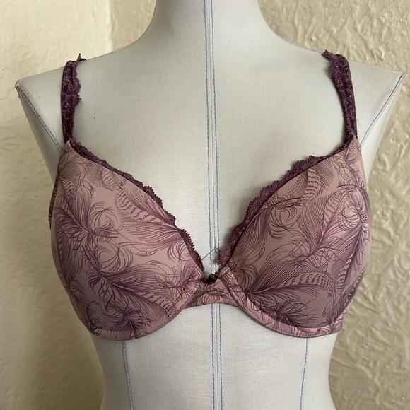 Soma Embraceable Push Up Lace Trim Bra Purple Feather Pattern 34D - Picture 1 of 6